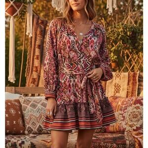 Zara Boho Western Indie Geometric Blogger Pink Red Cotton Angie Dress Size M